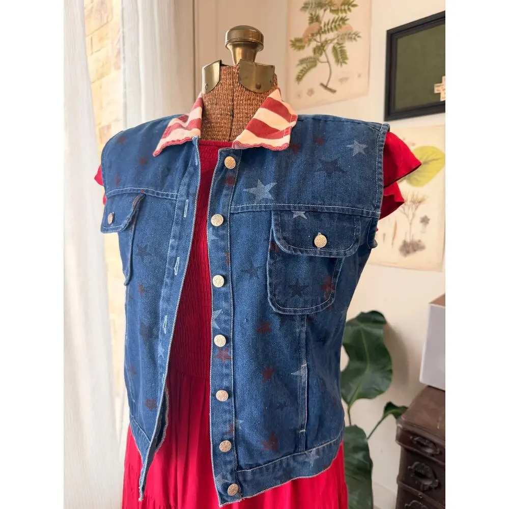 Vintage Americana Denim Vest Small Flag Collar Star Print Western USA Patriotic - Picture 7 of 8